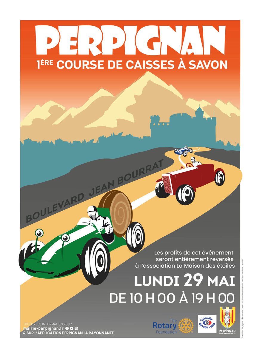 🚘 #Évènement : lundi 29 mai de 10h à 19h00, ne manquez pas la toute 1ère course de caisses à savon de la Ville de Perpignan, organisée par le Rotary Club Perpignan au profit de "La Maison des Etoiles".
Informations et inscriptions ici ➡️ helloasso.com/associations/r…
