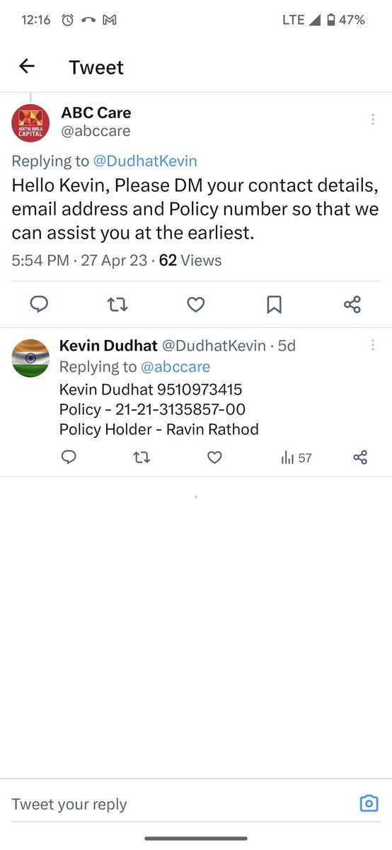 DudhatKevin's tweet photo. @abccare @abccare @AdityaBirlaGrp still not getting any response, if you want me to raise more officially then it is ok now. https://t.co/qDNHfEt4ki