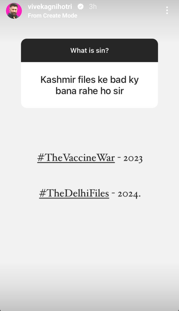 Announcement For Upcoming film     
    #TheDelhiFiles in 2024 
 Thank you in advance 
    @vivekagnihotri ji ....🖤🙂