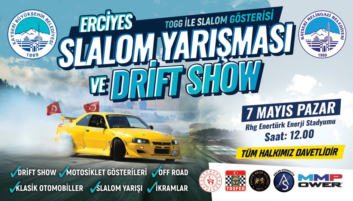 7 Mayıs Pazar Günü Rhg Enertürk Enerji Stadyumu’nda saat 12:00’de gerçekleştireceğimiz TOGG ile Slalom Gösterisi, Slalom Yarışması ve Drift Show’ a tüm halkımız davetlidir.  Bilgi için: +90 (532) 272 80 58