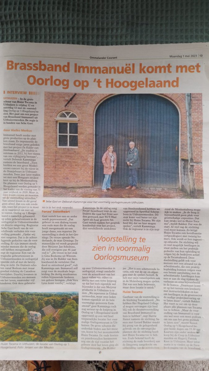 Mooi interview in de #Ommelander van <a href="/HielkoMerkus/">Hielko Merkus</a> over onze voorstelling 'Oorlog op 't Hoogelaand' van 12 en 13 mei.