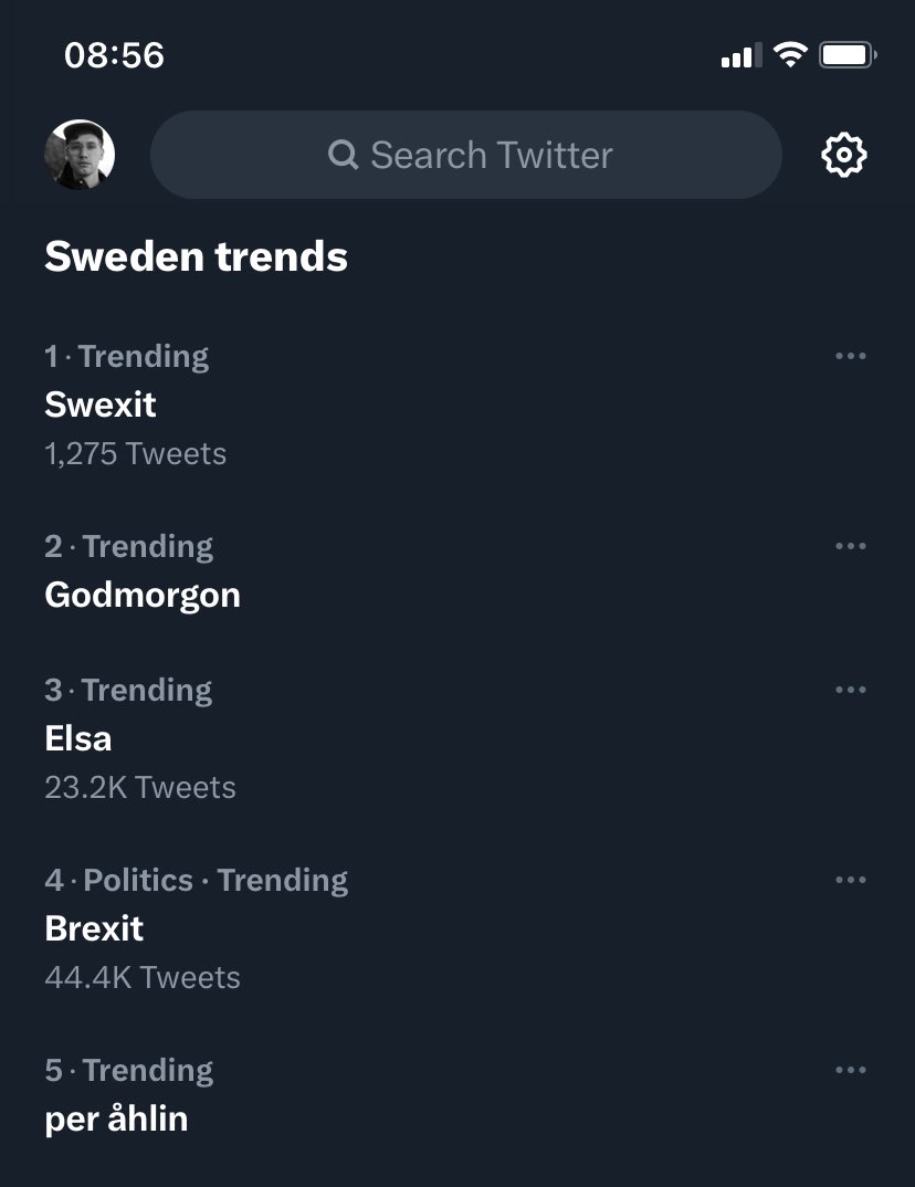 Why am I being the number 1 trend today Swexit when clearing “Elsa” is a far more engaged topic? It does make you wonder where Twitter is going since Elon Musks take over, clicking on it largely brings up heaps of bot traffic virulently supporting SD/JimmyÅkesson….