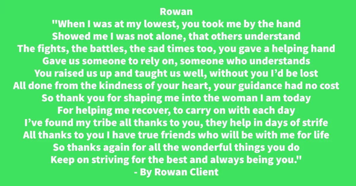 therowanproject's tweet photo. We had to share this lovely poem written for us by one of amazing clients! We feel so honoured to share our clients jouneys with them, they are the reason we do what we do!
#strength #survivors #inspiration #therowanproject https://t.co/nKboPiDQoH