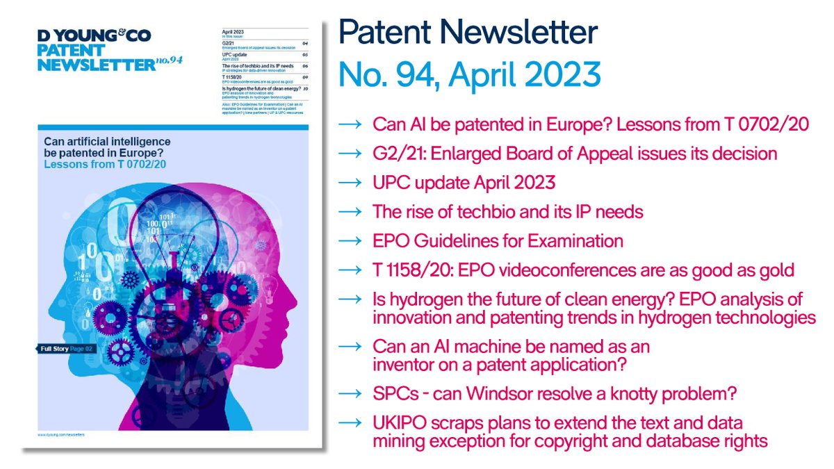 dyoungip's tweet photo. Our latest #patent #newsletter is online at https://t.co/dFWLpoC44A. Topics include the #UPC, #ai, #cleanenergy, and #technio #patenting, #spcs, #vico at the EPO, questions about #postfilingdata in support of #inventivestep, and much more! https://t.co/OFh6FZaIeW