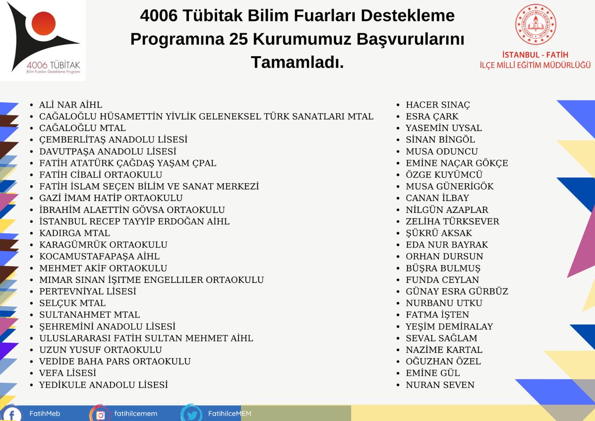 TÜBİTAK 4006 Bilim Fuarları Destekleme Programına 25 kurumumuz başvurularını tamamladı. 
Okul müdürlerimiz başta olmak üzere emek harcayan öğretmenlerimizi tebrik eder, başarılar dileriz.
<a href="/tcmeb/">Millî Eğitim Bakanlığı</a> <a href="/prof_mahmutozer/">Mahmut Özer</a> <a href="/csarili/">Cafer Sarılı</a> <a href="/istanbulilmem/">İstanbul İl Millî Eğitim Müdürlüğü</a> <a href="/memleventyazici/">Levent Yazıcı</a> <a href="/mucipkina/">Mucip KINA</a>
