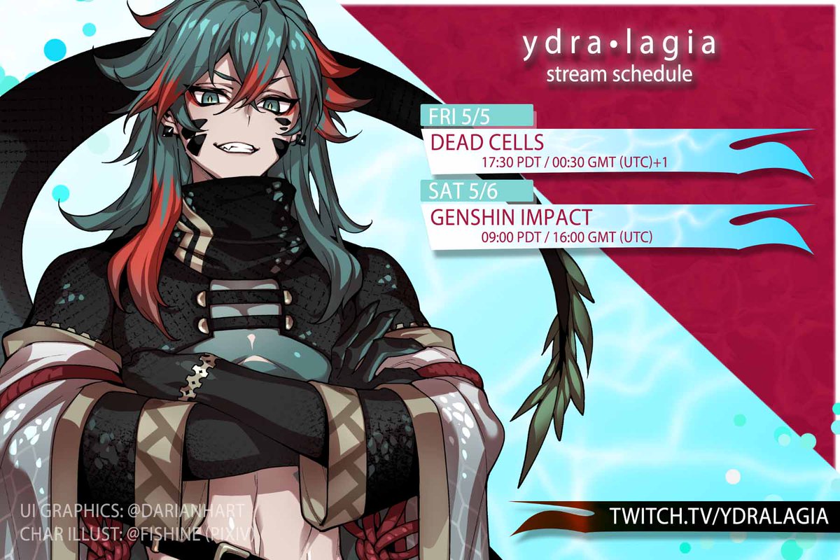 ydravain's tweet photo. 📅MAY 5-6 Schedule!
📷Times in Pacific / GMT (UTC)
FRI #deadcells
SAT #GenshinImpact
School is still so busy, but I'm back once again!
🔴#ydraworks
➡️https://t.co/6gsrpM6SOu⬅️
#Vtuber #ENVtuber https://t.co/MKLZtpFY8b