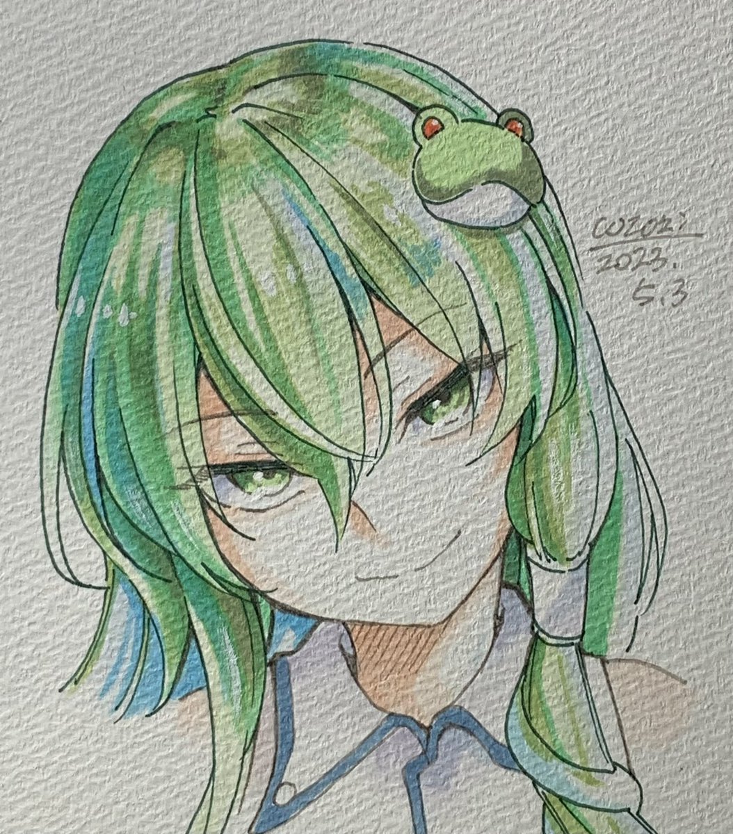 kochiya sanae 1girl solo green hair hair ornament green eyes traditional media dated  illustration images