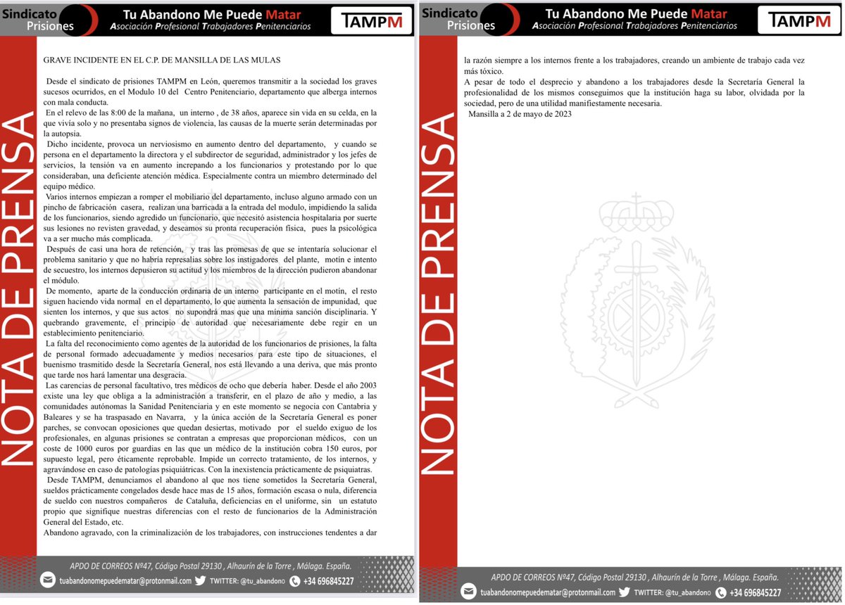 ⚫️ #ULTIMAHORA | MOTÍN Y SECUESTRO de Directora, Subdirector, Administrador, Médico y funcionarios en el Módulo de Nocivos del C.P de Mansilla (León)

👉🏼 “LLUVIA” de mesas y sillas y barricadas contra los funcionarios allí presentes‼️

❌ Agentes de Autoridad
❌ Médicos

#TAMPM
