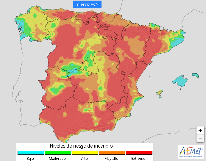 AEMET_Esp's tweet photo. Hoy, en la península , riesgo extremo generalizado de incendios 🔥 #IIFF 
@proteccioncivil https://t.co/FXxi2bhauy