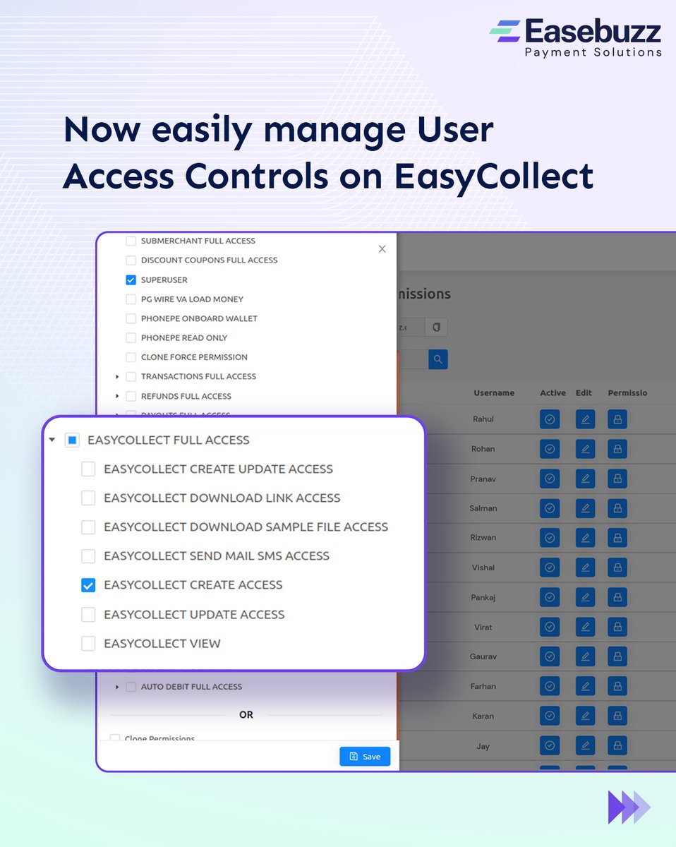 Easebuzz's tweet image. EasyCollect now offer multiple user access controls and help you manage member permissions.

#DigitalPayments #EasyCollect #UserControls #Easebuzz