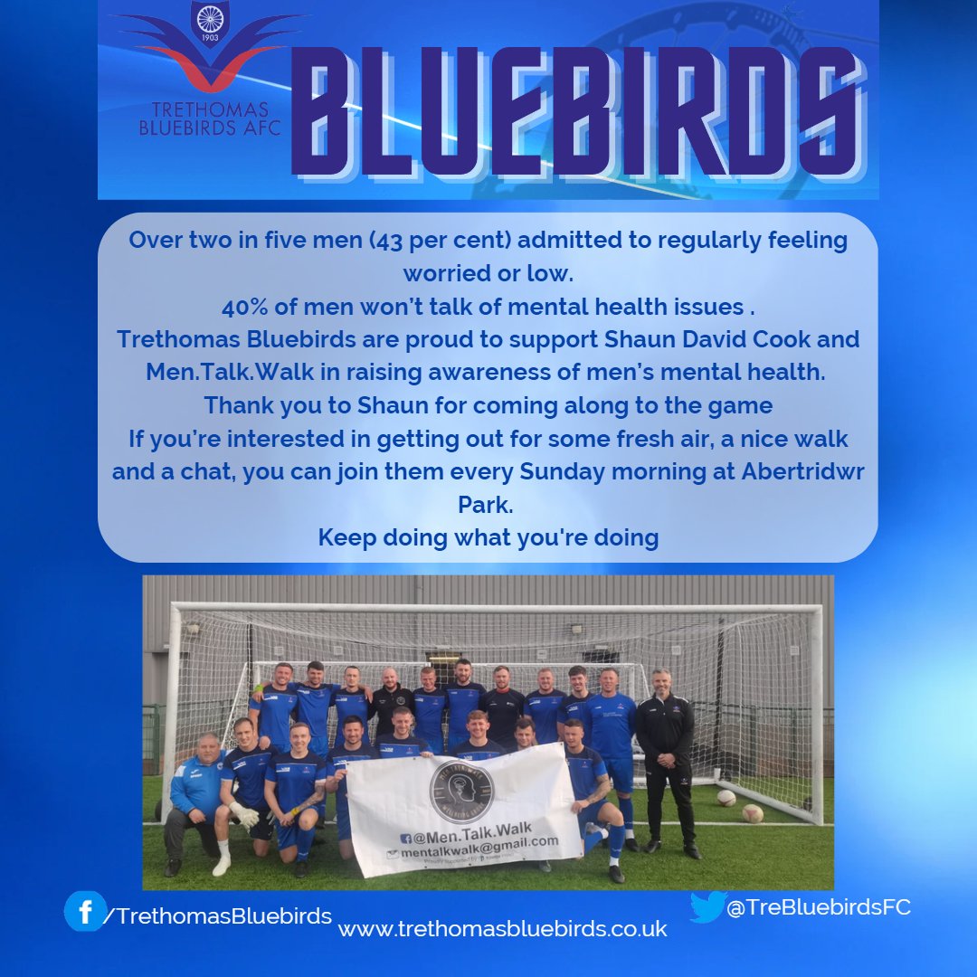 TreBluebirdsFC's tweet photo. Over two in five men (43%) admitted to regularly feeling worried or low.
40% of men won’t talk of mental health issues .
Trethomas Bluebirds are proud to support Shaun David Cook and https://t.co/rL4QHs5Xk5.Walk in raising awareness of men’s mental health. https://t.co/CTq0fK1fm9