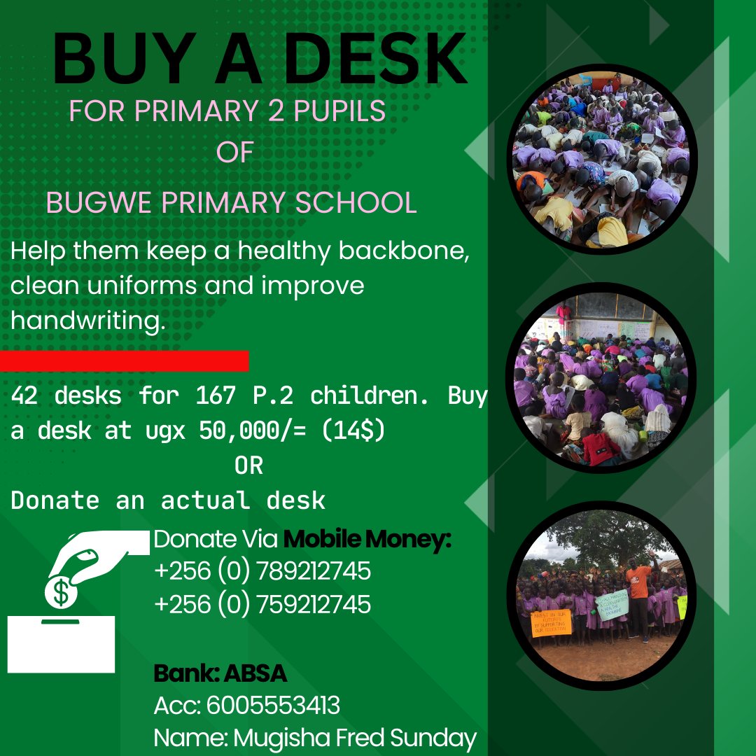 DemberyoCSG's tweet photo. Mugisha, a @TEACH4UG Fellow is fundraising to purchase 42 desks for his learners who sit on the floor dirtying their uniforms and unable to improve their handwriting. You can contribute to help make this possible! 
#desksforBUGWE 

@newvisionwire @actnforchildren @save_children https://t.co/TFfhJ2MtjS