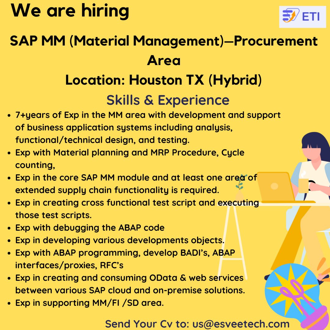 Hiring Role: SAP MM (Material Management)–Procurement Area
Location: Houston TX (Hybrid)
If interested, can send resume to: us@esveetech.com
#sapmm #sap #business #community #data #management #development #supplychain #procurement #logistics #transport #cloud #sapabap