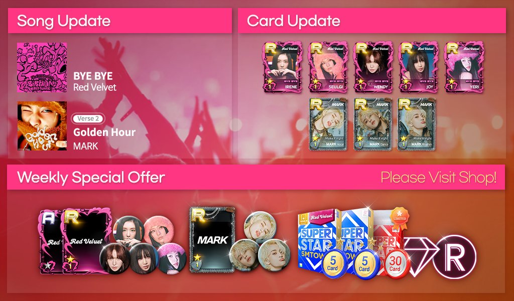 SuperStarSM_twt's tweet photo. #슈퍼스타에스엠타운 신곡 업데이트!
#SuperStarSMTOWN NEW UPDATE!

🎵 Red Velvet - BYE BYE
🎵 MARK - Golden Hour [Verse 2]

지금 #슈스엠 에서 플레이하세요!
Play in #SSM right now🎹🎶

👉 https://t.co/tNn9QbGyhv

#RedVelvet #레드벨벳
#MARK #NCT https://t.co/Tc1Z70xlte