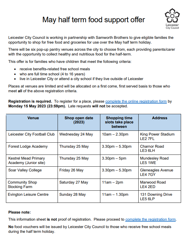 Leicester City Council are offering families support with food and groceries over May half-term, at pop-up shops across the city 🥫🥕🌽🥦 

To access these, you must register online by 15th May.
families.leicester.gov.uk/holiday-food-o…