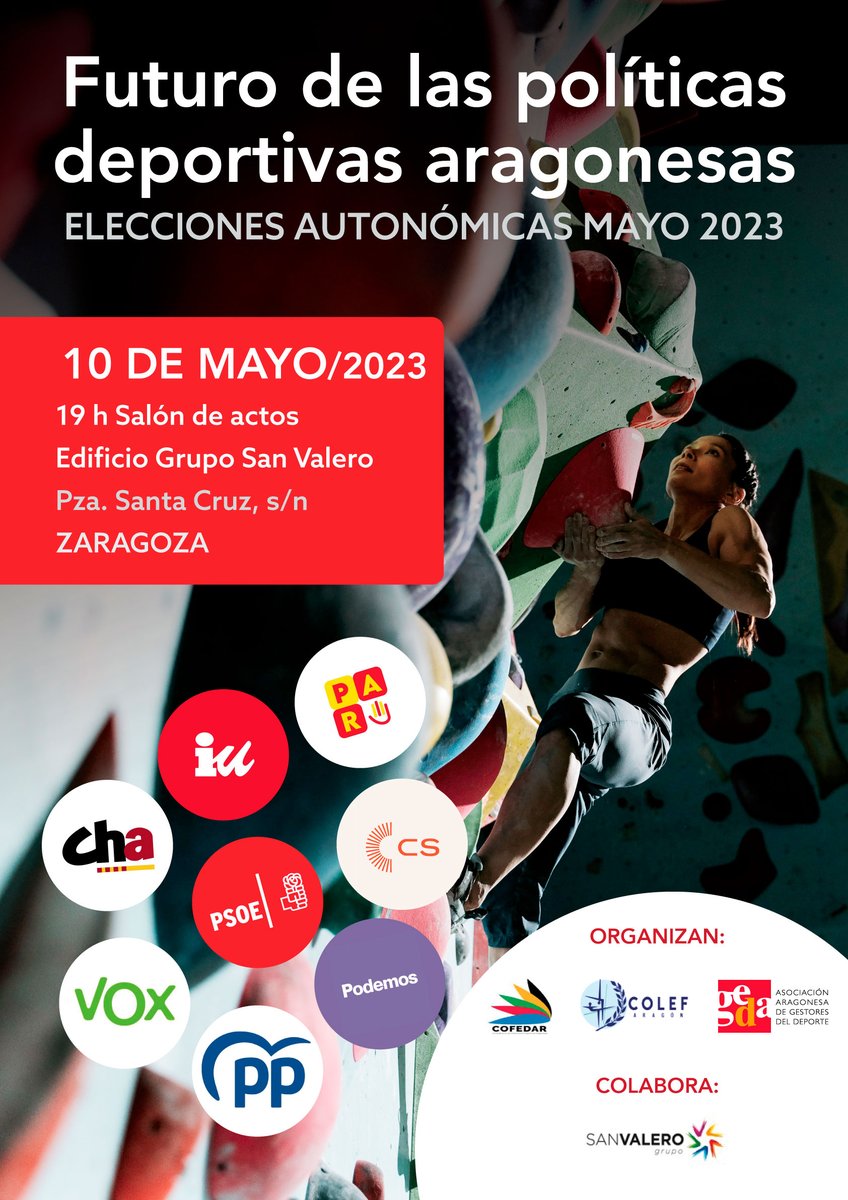 "El futuro de las políticas deportivas aragonesas", a debate
Día 10 de mayo de 2023 
19:00h 
Edificio del Grupo San Valero de la Plaza de la Santa Cruz, en Zaragoza
📌Más info e inscripciones: gedaragon.com/el-futuro-de-l… 

#Gestióndeportiva #Deporte #ActividadFísica