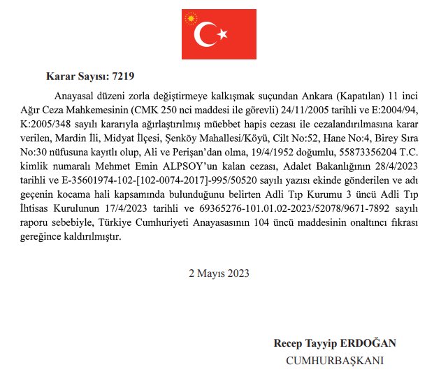 yirmiucderece's tweet photo. Hizbullah Terör Örgütü yöneticisi olmaktan ağırlaştırılmış müebbet hapis cezası alan Mehmet Emin Alpsoy'un cezası, Cumhurbaşkanı Erdoğan tarafından kaldırıldı. https://t.co/zKuA5QSk9Y