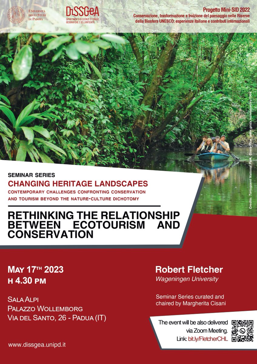 Why is the relationship between #ecotourism and #conservation controversial?
on May 17th we will address this topic with <a href="/anthfletch/">Robert Fletcher</a> who will be our guest in the second seminar of the Changing Heritage Landscapes series at <a href="/DiSSGeA_UniPD/">DiSSGeA UNIPD</a> !
more info at: dissgea.unipd.it/changing-herit…