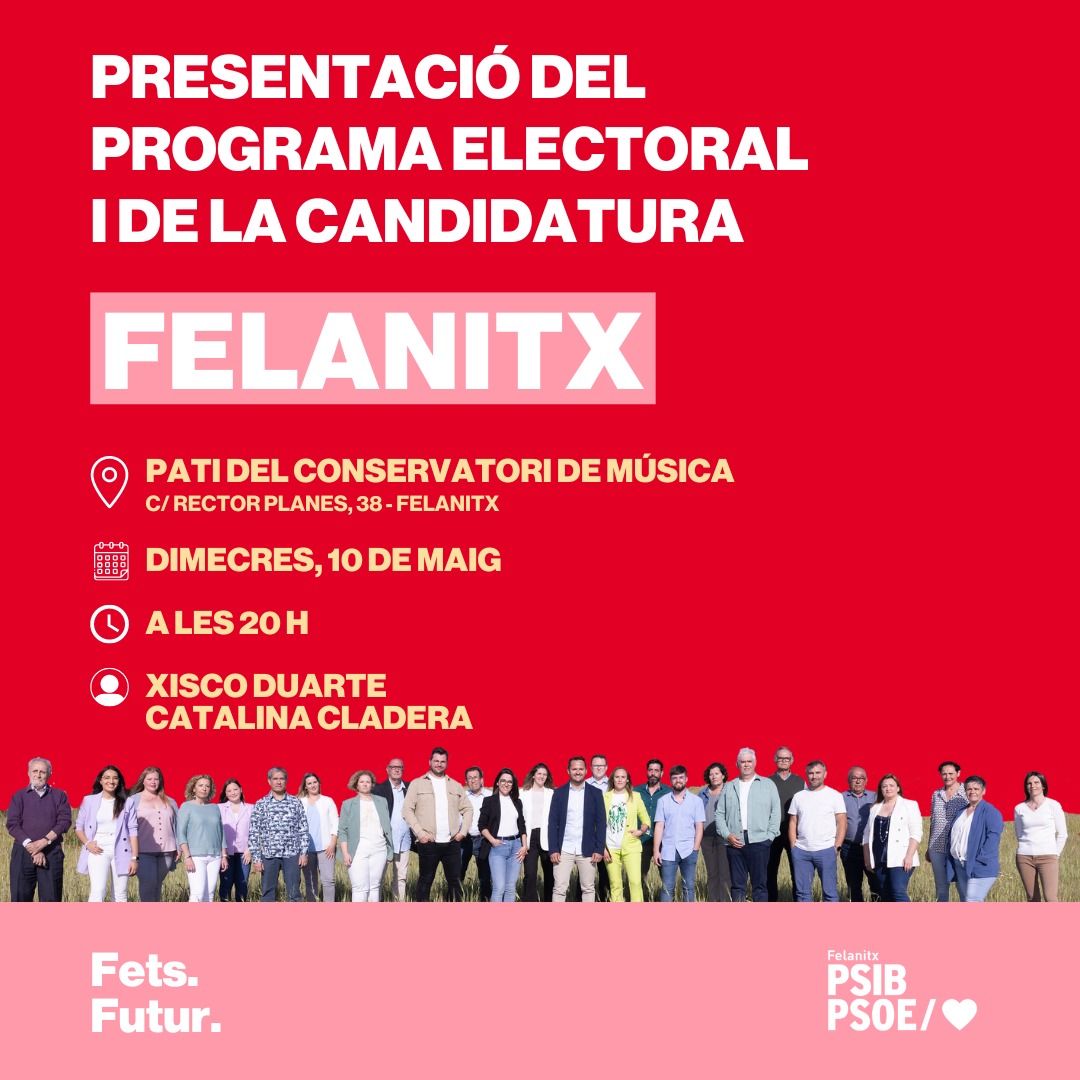 Felanitxpsoe's tweet photo. 🌹 Vols conèixer la nostra candidatura?

Acte de presentació de l'equip de 27 persones que donen i donaran tot per fer un Felanitx millor.

🗓 10 de maig
🕧 20 h
📍 Pati del conservatori de Felanitx. Carrer del Rector Planes, 38.
Aquí tens la ubicació:
https://t.co/hhL56pMmIc… https://t.co/FZHcoZxXgK