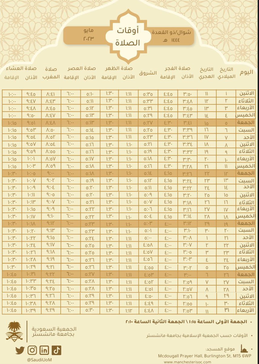 مواقيت الصلاة لشهر مايو ٢٠٢٣ في مدينة مانشستر حسب مسجد مكدوقل.