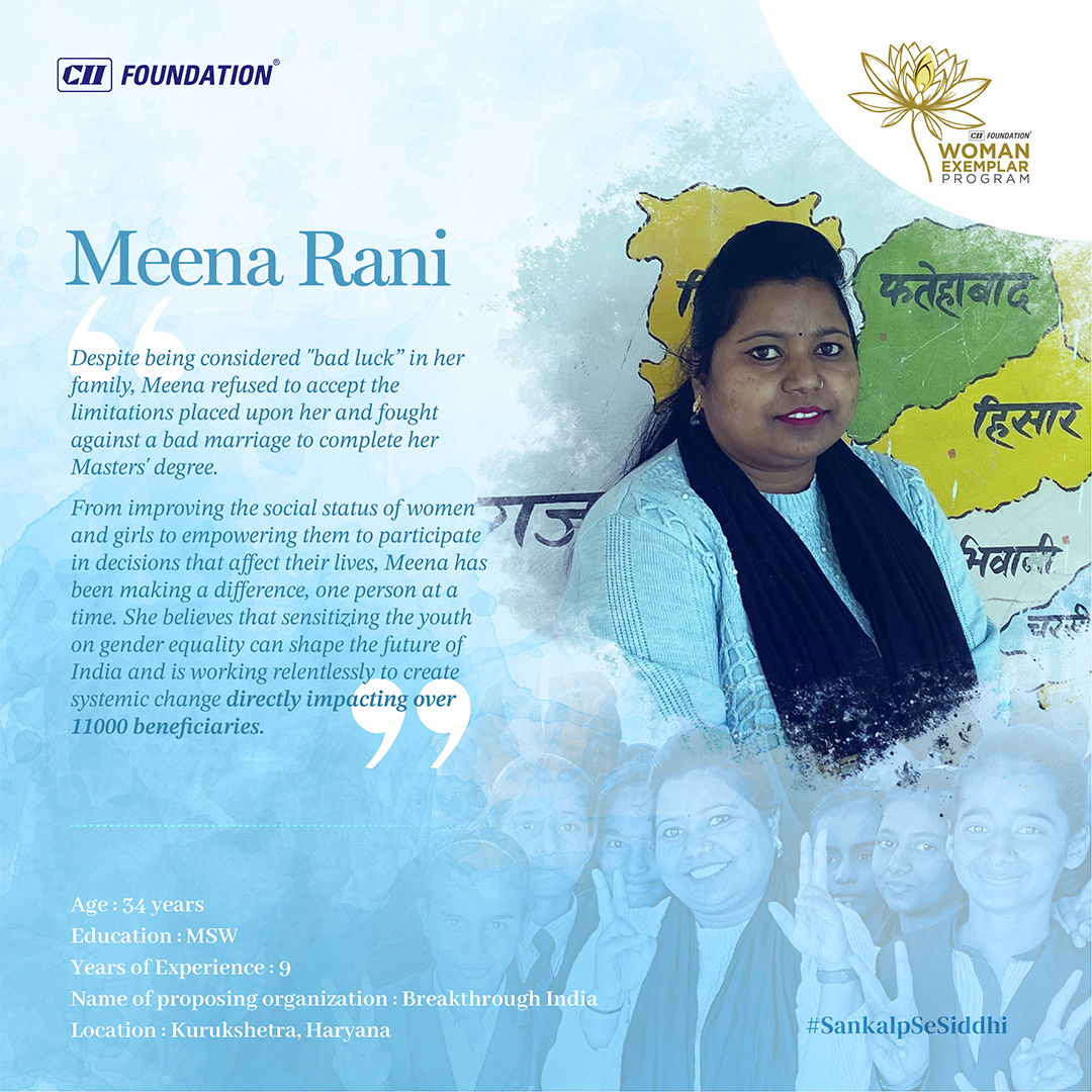 CIIFoundation's tweet photo. Our second finalist in the #Education Category, Meena Rani has worked tirelessly for 9 years, to create systemic #change and #empower #women and #girls in her #community. Meena's #journey to becoming a social influencer began in her #childhood, with her own experiences https://t.co/6AZ179PpgP