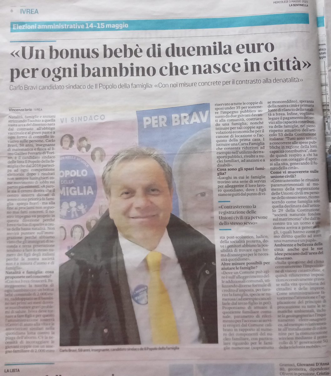 Carlo Bravi è il candidato sindaco del Popolo della Famiglia a Ivrea. Di gran lunga la migliore scelta possibile nella più popolosa città piemontese che va al voto il 14 maggio. Venerdì sarò in piazza Santa Marta per sostenerlo alle 20.45. E parleremo del libro Contro l’aborto.