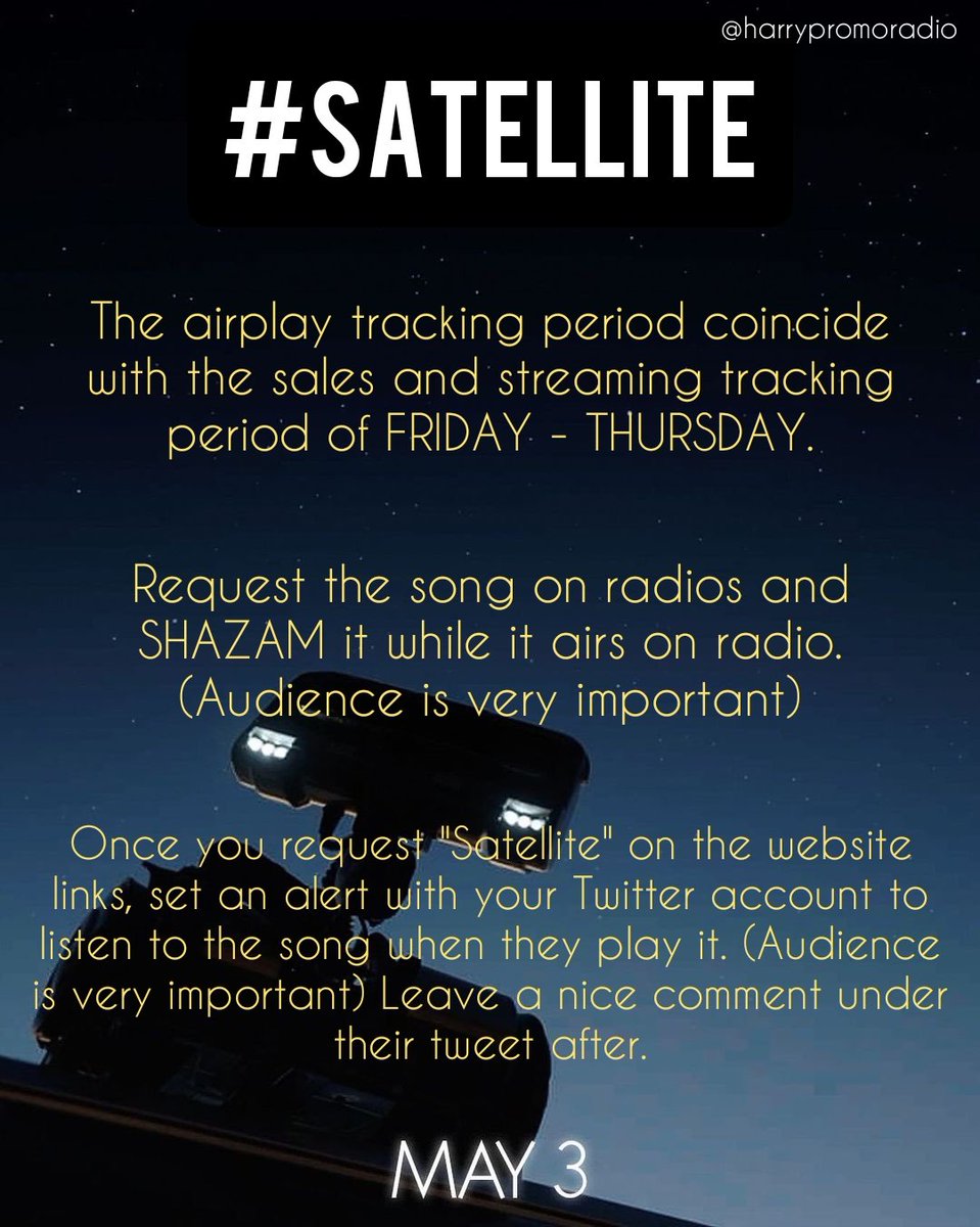 HarryPromoRadio's tweet image. AIRPLAY is crucial for #Satellite's success.

Shazam the song when you hear it on the radio. Radios make their playlists based on the popularity of each song &amp;amp; Shazam helps them. 

You can also Shazam the song while you stream it on Spotify, Apple Music or YouTube.

Links below⤵️