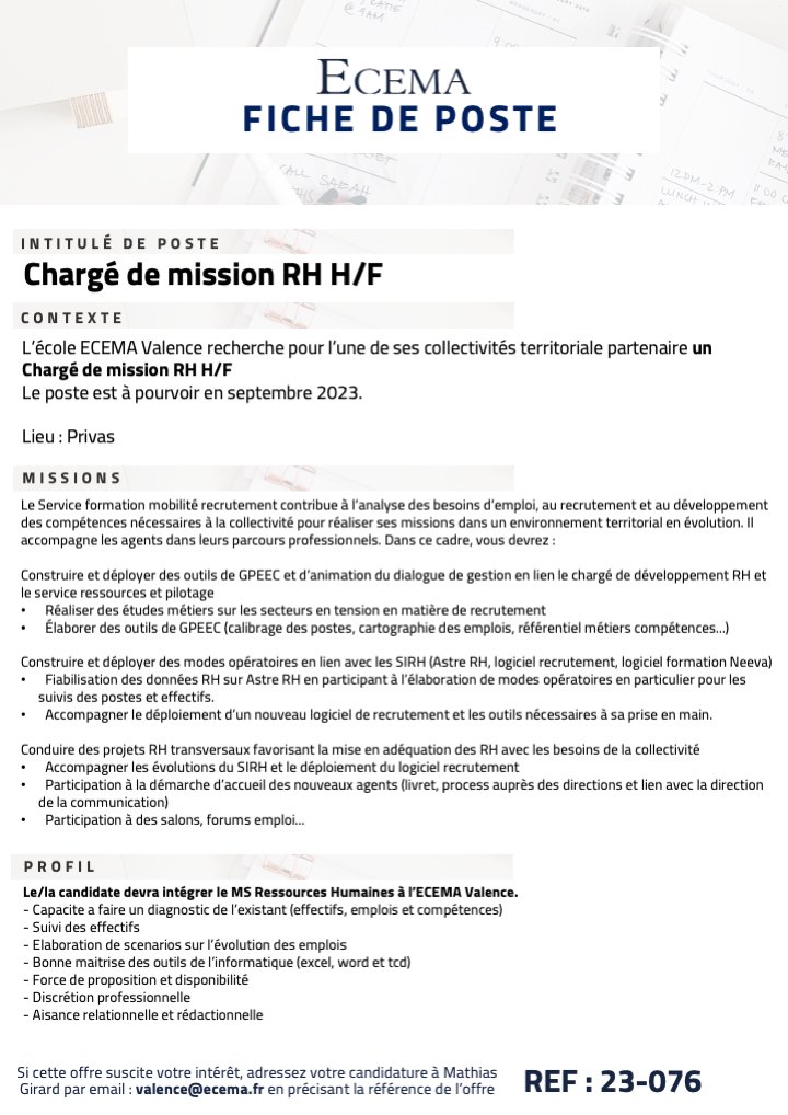 📖 A vos CVs ! De nouvelles offres d'alternance sont en attente de leurs futures pépites ! 🔥
Décrochez le poste de vos rêves pour la rentrée 2023 ! lnkd.in/e7-hJjW
Infos : 04 81 09 02 80 📞 ou par mail valence@ecema.fr 📩 !

#alternance #rentree2023 #ecemavalence