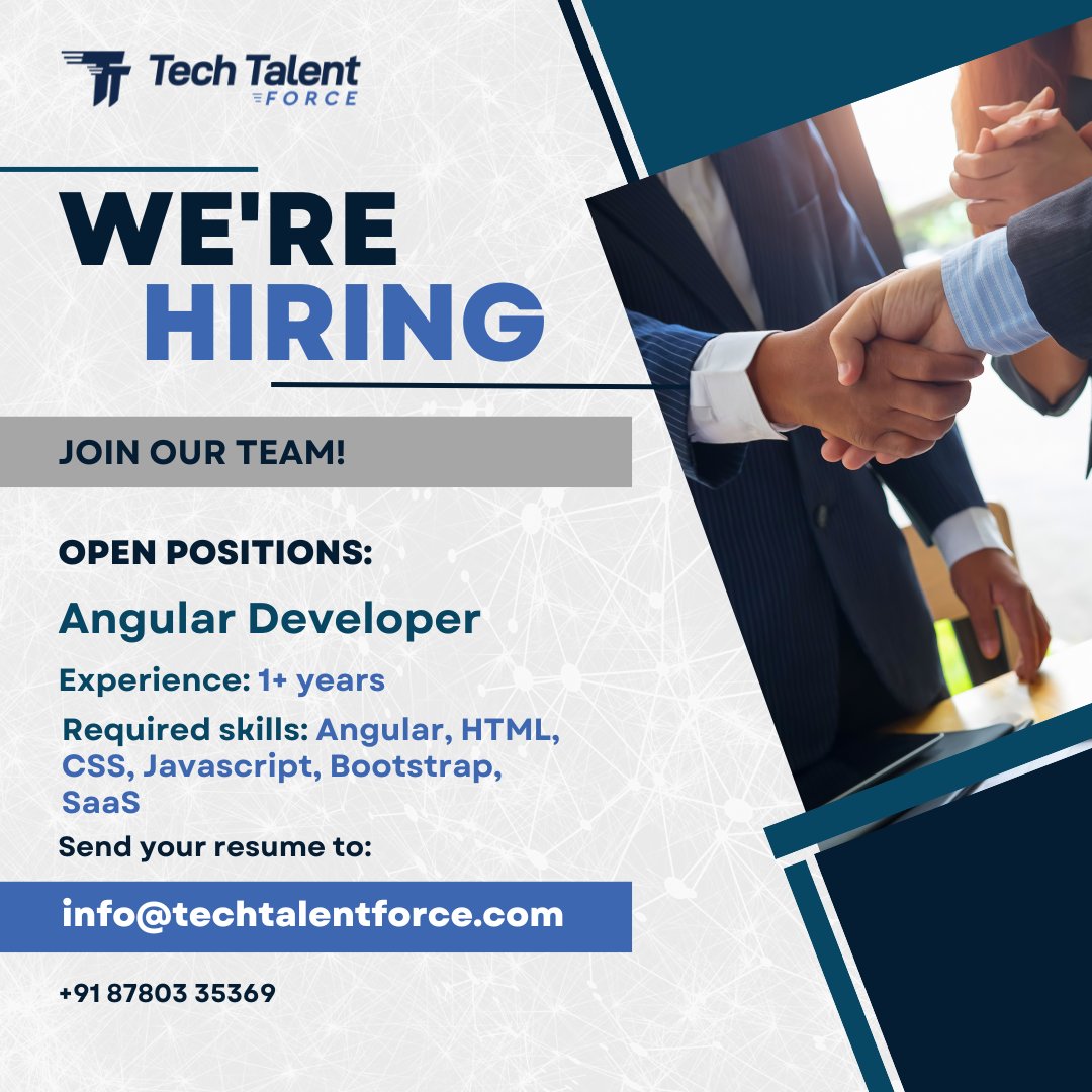 We are hiring #angulardeveloper at Tech Talent Force located at #Ahmedabad.

Experience:- 1+ Years
Interested candidates can share their CVs at info@techtalentforce.com or call on +91 8780335369

#ttf #angulardeveloper #angularjs #frontenddeveloper #angularjsjobs #ahmedabadjobs