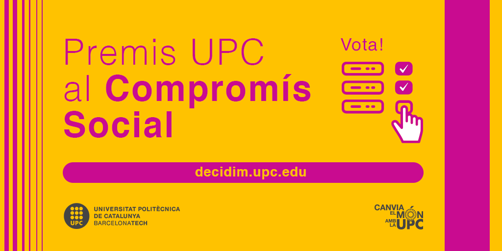 UPC_Comunitat's tweet photo. 🗳️ Comença el període de votació del Premi UPC al compromís social! Pots votar fins a 6 de les 50 iniciatives que s'han presentat! 
🎊Les 10 més votades passaran a la fase final per escollir les 3 guanyadores!  🎉 Estigueu atentes a les xarxes que us les anirem presentant totes! https://t.co/o1hJqz4vuT