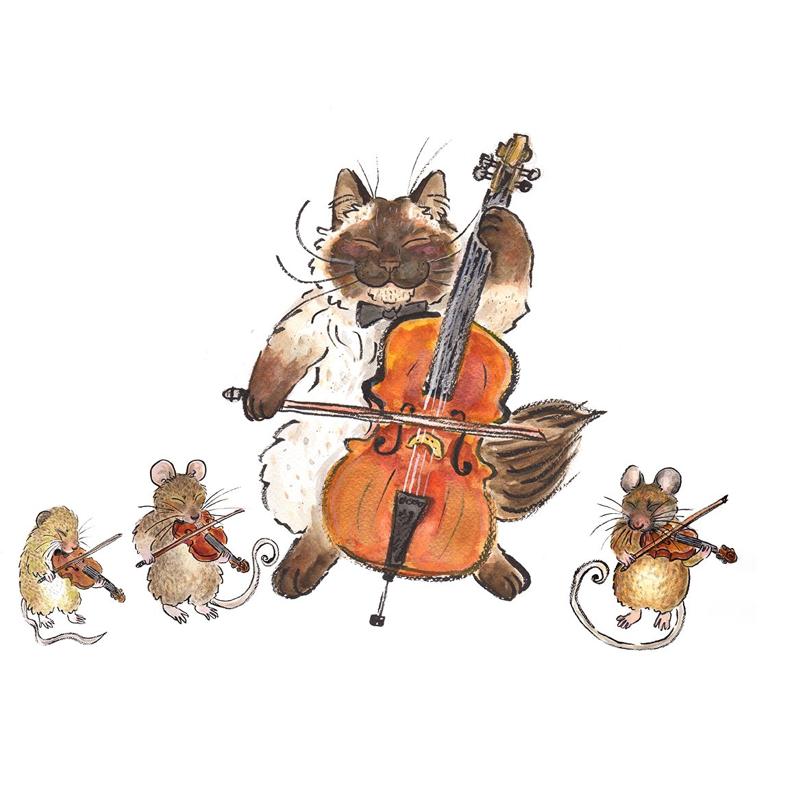 #happy #whiskerwednesday here’s a #string #quartet of my #ragdoll #cat and his #rodent #victims in #watercolour #watercolor #illustration #stringquartet #cello #violin  #stringinstruments #classicalmusic #musicians #classicalmusicians #catsoftwitter #mice #cellist #violinist