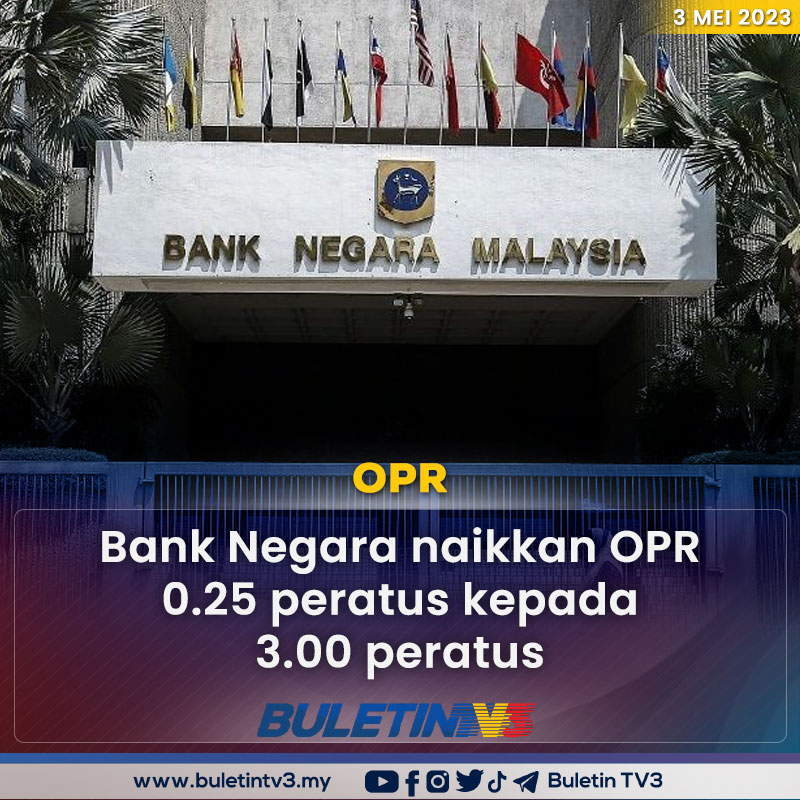 BuletinTV3's tweet photo. OPR | Bank Negara Malaysia (BNM) membuat keputusan untuk menaikkan Kadar Dasar Semalaman (OPR) sebanyak 25 mata asas kepada 3.00 peratus dalam mesyuarat Jawatankuasa Dasar Monetari (MPC) hari ini.

Berita penuh di https://t.co/T8WirS9vfI https://t.co/AHq6ohSRV1