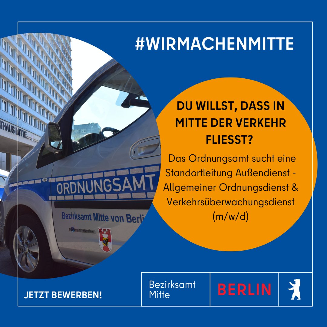 BA_Mitte_Berlin's tweet photo. Du willst, dass in Mitte der Verkehr fließt? Das Ordnungsamt sucht eine Standortleitung Außendienst - Allgemeiner Ordnungsdienst &amp; Verkehrsüberwachungsdienst (m/w/d). Bewirb dich bis zum 12.05.2023. ➡️ https://t.co/AaahTQWkjP

#wirmachenmitte #jobs https://t.co/XeZUwM8xDW