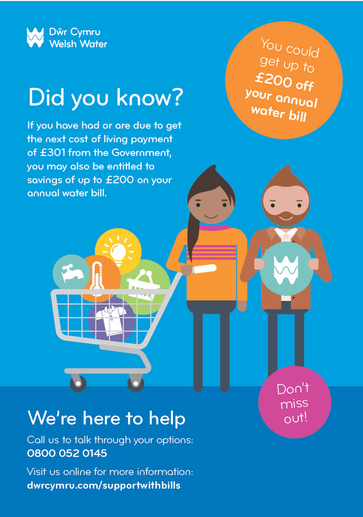 Did you know if you have had or are due to get the next the cost of living payment of £301 from the Government, you may also be entitled to savings of up to £200 on your annual water bill? Contact @DwrCymru on 0800 052 0145. #costoflivingpayment #CostOfLivingCrisis #costofliving