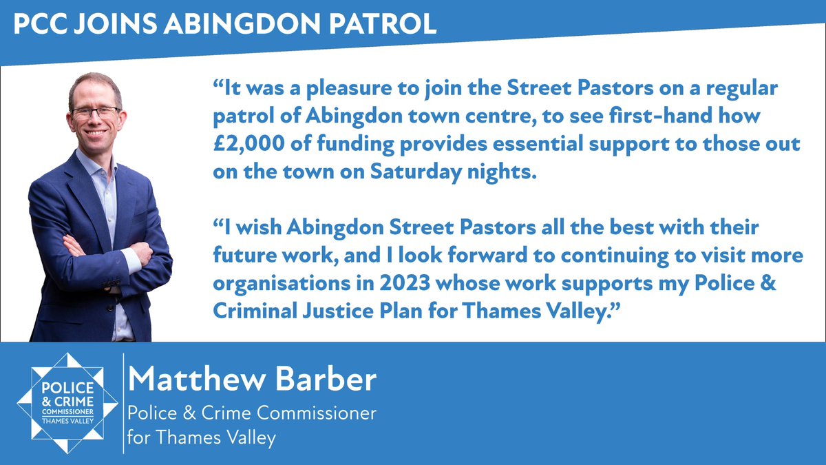 🚨 PCC joins patrol of Abingdon town centre

On Saturday 22 April, <a href="/matthew_barber/">Matthew Barber</a> joined Abingdon Street Pastors on patrol in the town centre to find out how funding, awarded via the Community Fund, will support ongoing running costs.

Full story ➡️ thamesvalley-pcc.gov.uk/news/pcc-joins…