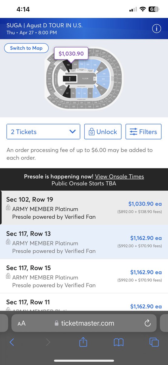 LifeIsALiteStik's tweet photo. For those of you wondering what #dynamicpricing looks like in action here are a few examples.  Ticketmaster calls dynamic pricing “platinum” tickets. #Hybe #bts #army https://t.co/kMSO2SvKV7