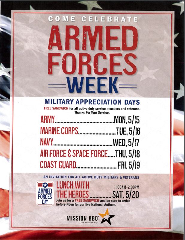 DavVirginia's tweet photo. Mission BBQ Celebrates the Armed Forces.
Free sandwich for all active duty service members and veterans. Monday 5/15/2023 - 5/19/2023.
#MISSIONBBQ
#DAVVA
#DAVVet https://t.co/6bZjPKaOcy