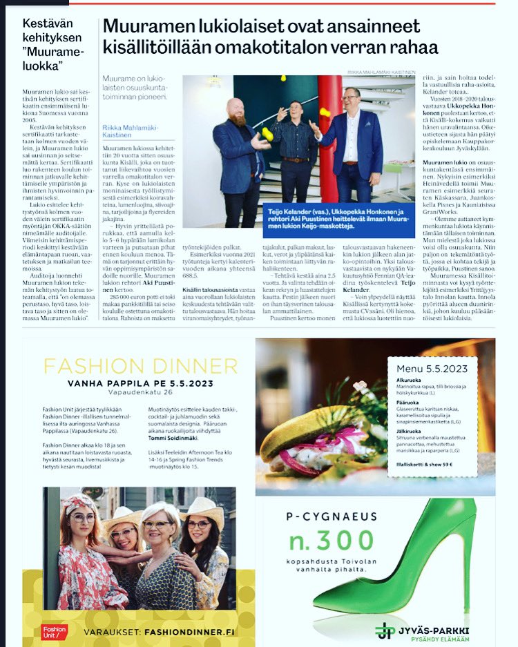 Muuramen_lukio's tweet photo. Suur-Jyväskylän lehti tänään #kestäväkehitys #yrittäjyyskasvatus #työosuuskunta #kisälli #alumnit #heimo https://t.co/MJa0mYwmgv