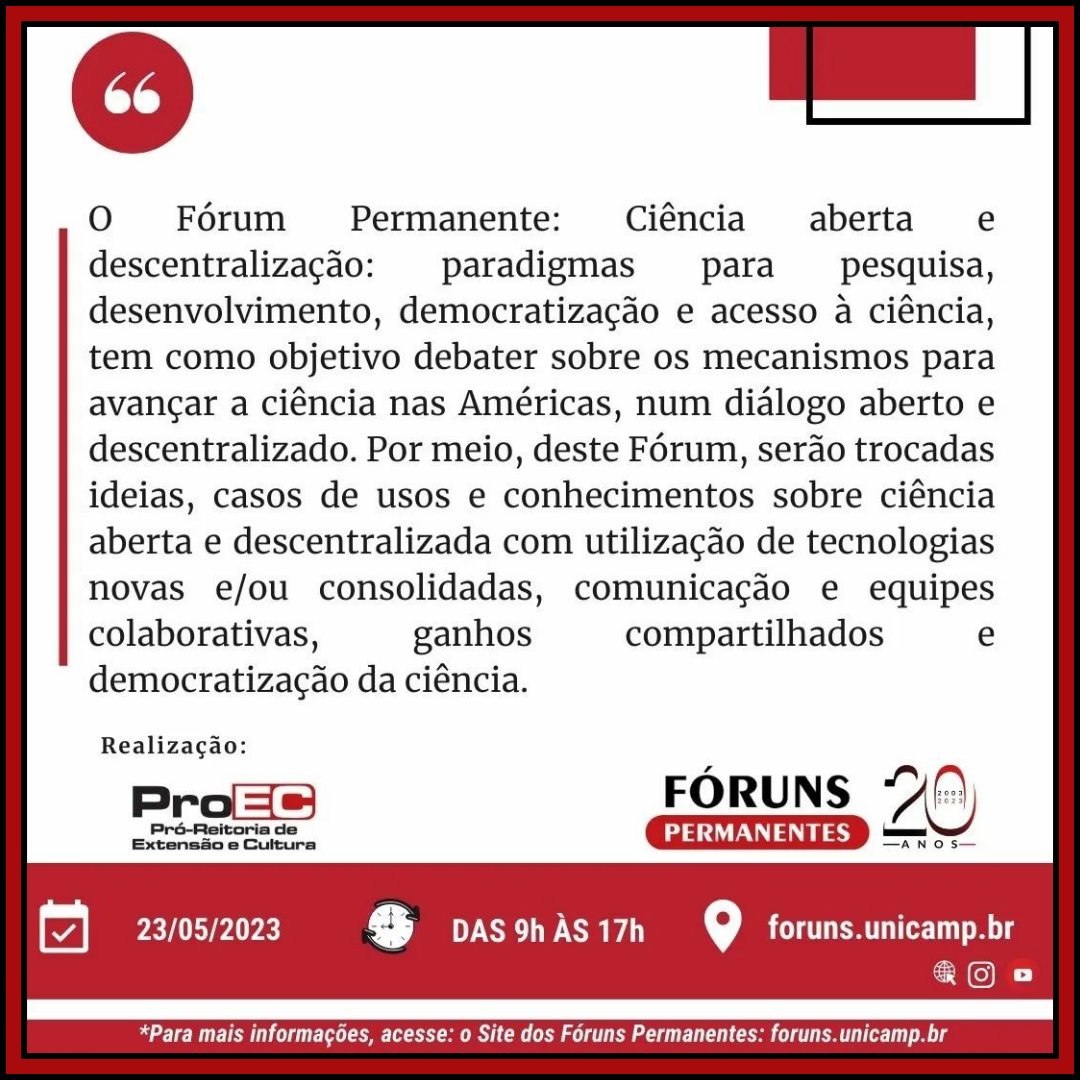 ExtensaoUnicamp's tweet photo. Fórum Permanente: Desafios da ciência aberta e sua descentralização
Faça sua inscrição pelo site dos Fóruns Permanentes:
https://t.co/KrLbNU6syI
Siga @forunsunicamp no Instagram
#CAMPINAS #UNICAMP #PROEC #20ANOS #FORUNSPERMANENTES #EVENTOPRESENCIAL #GRATUITO https://t.co/2bk36NqSHG