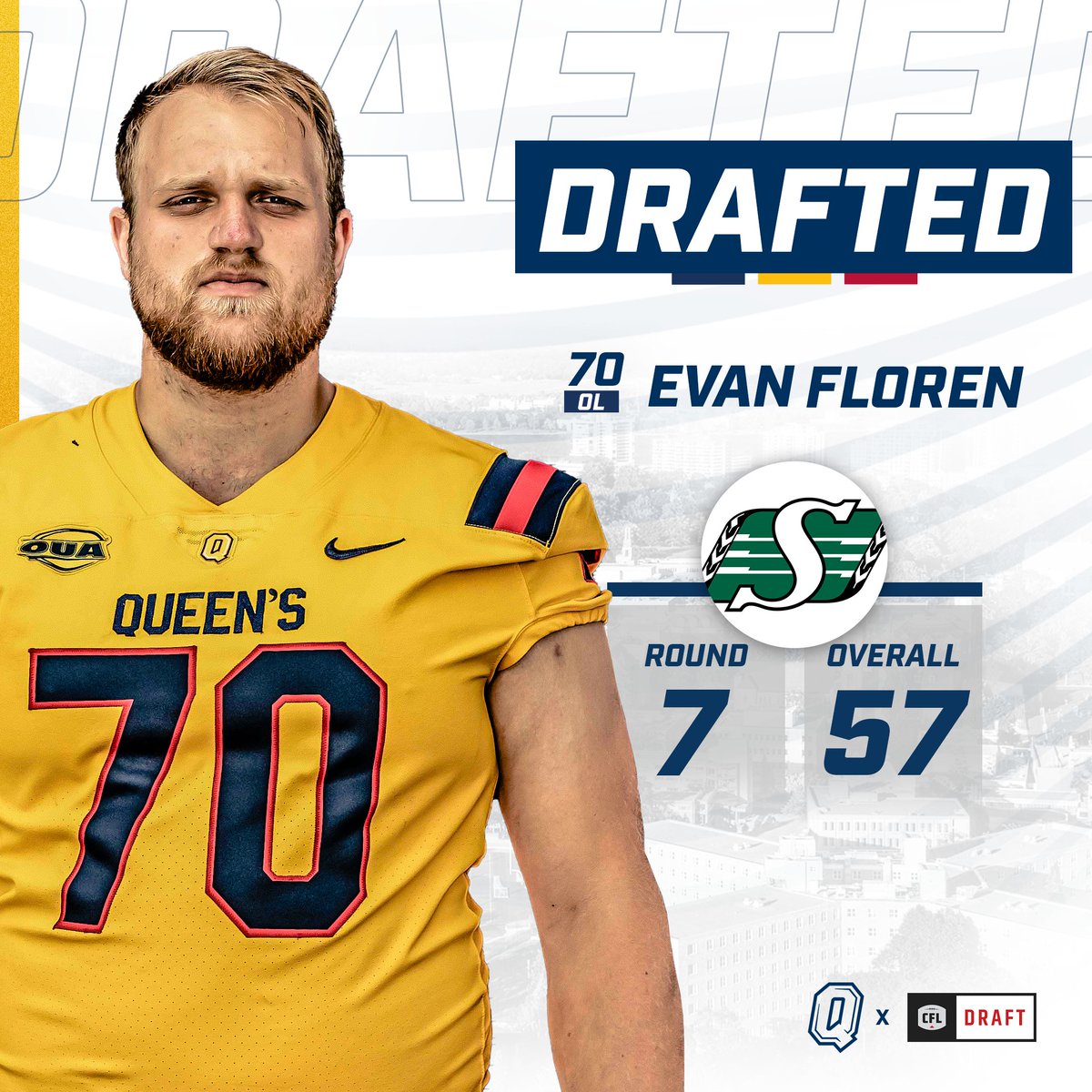 queensgaels's tweet photo. Next stop, Riderville! Congratulations to @Queens_Football Offensive Lineman Evan Floren who was selected 57th overall tonight by the Saskatchewan Roughriders.

#CFLDraft | #ChaGheill https://t.co/5P8rZoYRWx