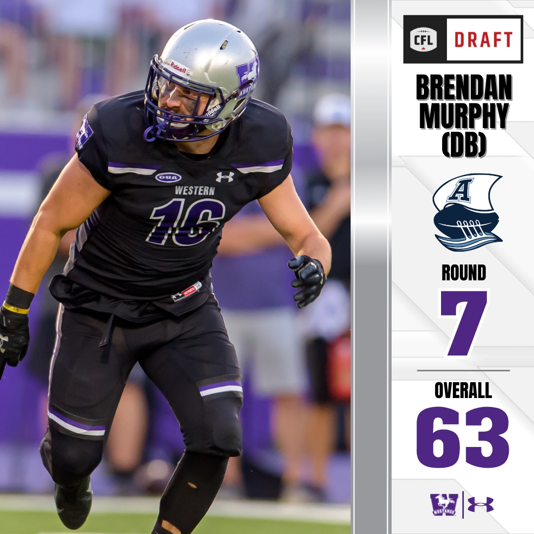 🏈 CFL DRAFT UPDATE! With the 63rd pick in the 2023 #CFLDraft the @TorontoArgos take their second @westernuFB pick this year with DB Brendan Murphy. Follow the @CFL draft at cfl.ca/draft-tracker/ #RunWithUs #WesternMustangs #PurpleAndProud