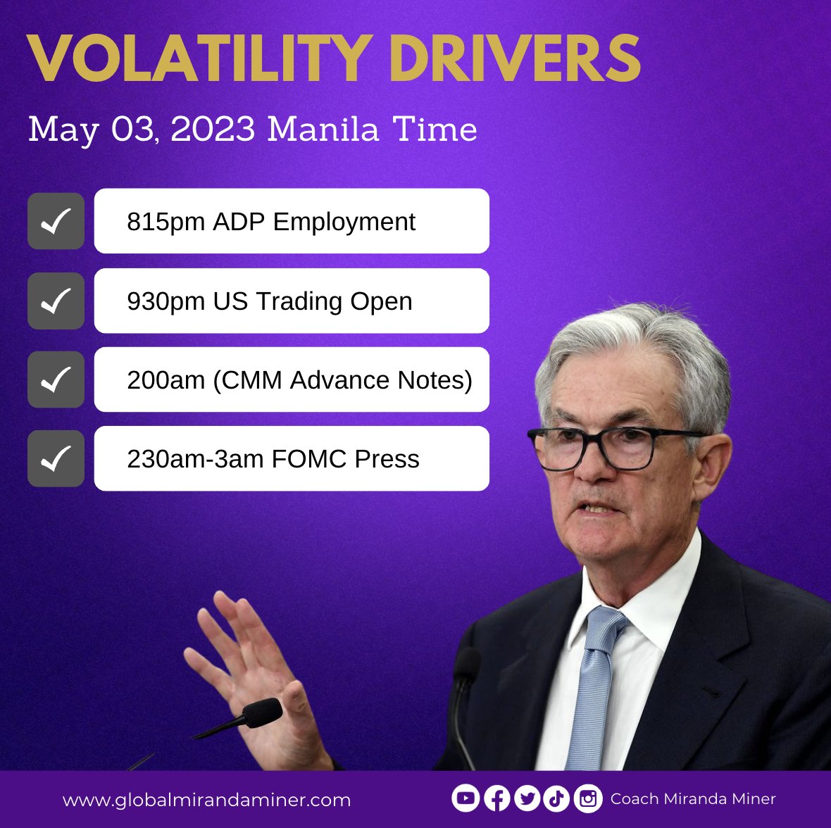 CoachMiranda's tweet photo. Fundamental reminders today KaMiranda

A potential 25BPS is expected for May, regardless of the banking crisis and debt ceiling discussions. I forecast a pause on June 2023 so we need this .25% for May 2023.

1. First Republic reinforces the theory na di pa ito tapos. First Republic Bank is really expected to be bought by bigger banks who are raking on profits from the past earnings reports
2. May 9th Special BIDEN meeting with Treasury and Congress to discuss the treasury limit

I will have an early access to notes at 2AM so expect volatility 30 mins “before” the actual FOMC at 230am Manila Time (Thursday na)
