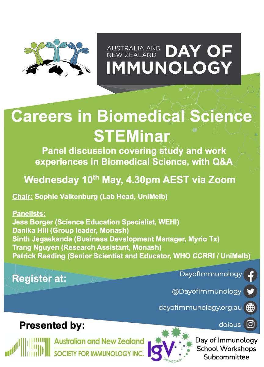 Next week is our final #DayofImmunology event, the Careers in Biomedical Science STEMinar! Join @svalko3 as she chairs the session with a superstar lineup: @DrDanikaHill @jessborger @JegaskandaSinth Patrick Reading+ Trang Nguyen. All info found here 👇please share! @ASImmunology