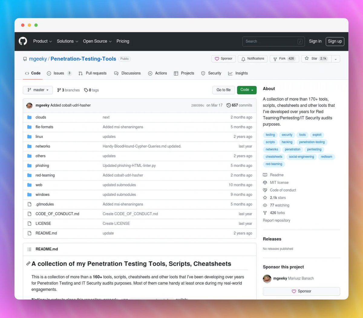 thebinarybot's tweet image. ☃️Penetration-Testing-Tools☃️

This massive repo has got almost everything you need such as tools, cheatsheets and scripts on various fields such as

➡️ Web Pentesting
➡️ Red Teaming
➡️ Cloud Assessments 

and much more...