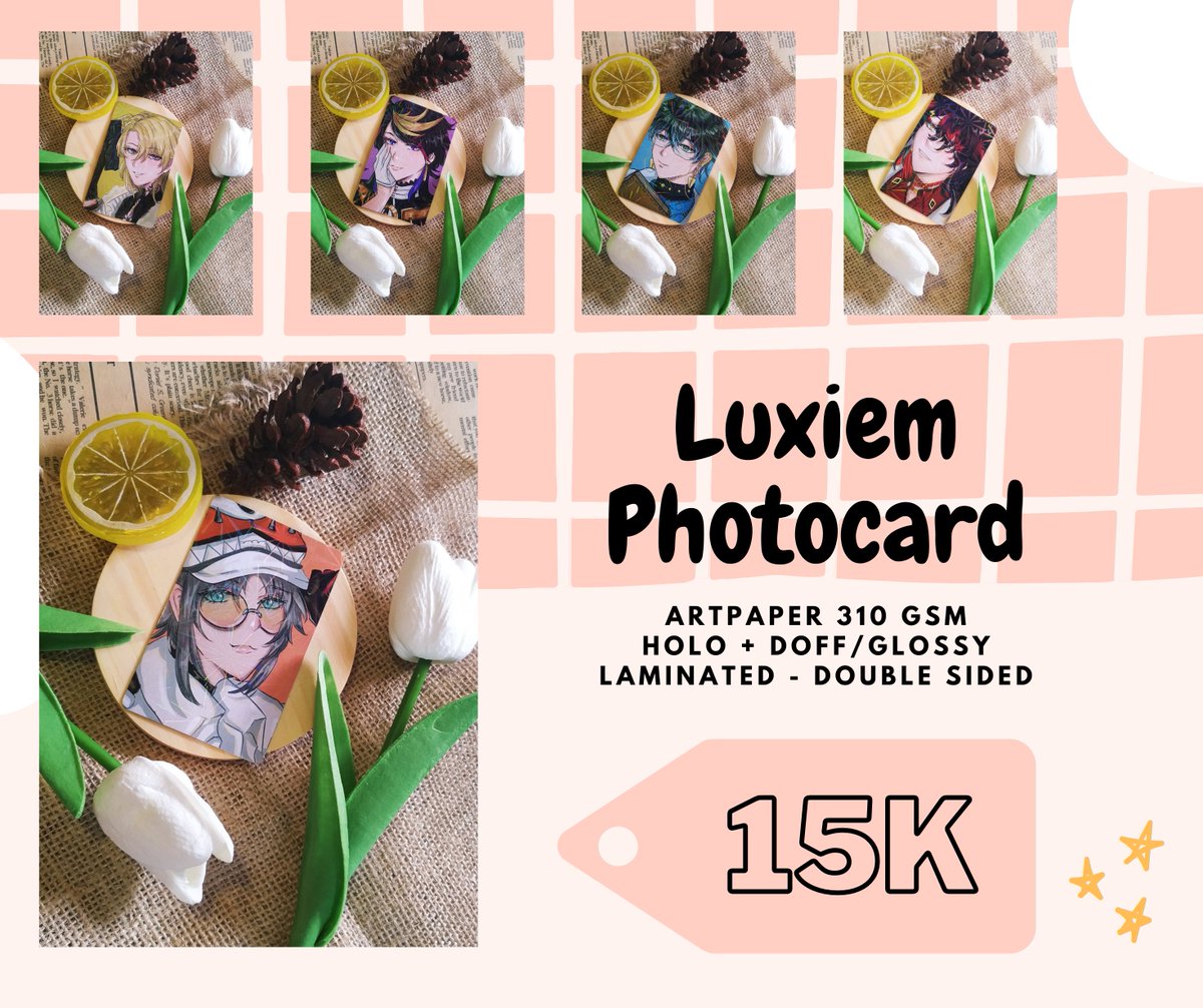 DimsumHalu's tweet photo. Kolektor photocard sini ngumpul! Ada photocard dari @urara_hazu  nih~

Available semua member Luxiem, Anemo boys, dan Sumeru Boys. 

Stok terbatas ya, bisa booking dulu via DM biar nggak kehabisan!
#cf16 #comifuro16 #comifuro16catalog #photocard #luxiem #anemoboys #sumeruboys https://t.co/g7nB1SRHaY