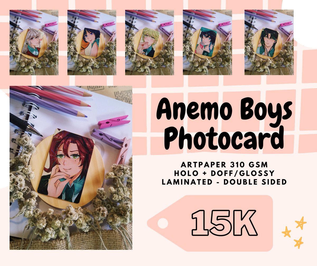 DimsumHalu's tweet photo. Kolektor photocard sini ngumpul! Ada photocard dari @urara_hazu  nih~

Available semua member Luxiem, Anemo boys, dan Sumeru Boys. 

Stok terbatas ya, bisa booking dulu via DM biar nggak kehabisan!
#cf16 #comifuro16 #comifuro16catalog #photocard #luxiem #anemoboys #sumeruboys https://t.co/g7nB1SRHaY
