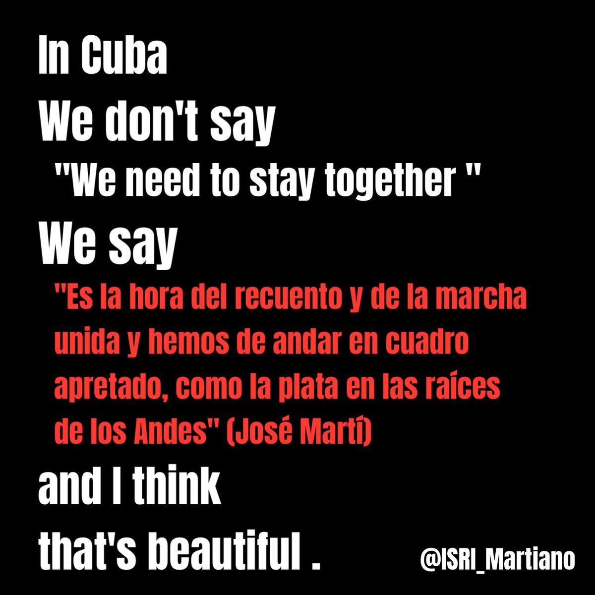 Comienza la Jornada Martiana en <a href="/ISRICuba/">ISRI Cuba</a> 

La respuesta siempre ha sido la unidad. La unidad para poder enfrentar los peligros que tienen ante sí los pueblos latinoamericanos. 

#MartiVive
#TeSigoMaestro