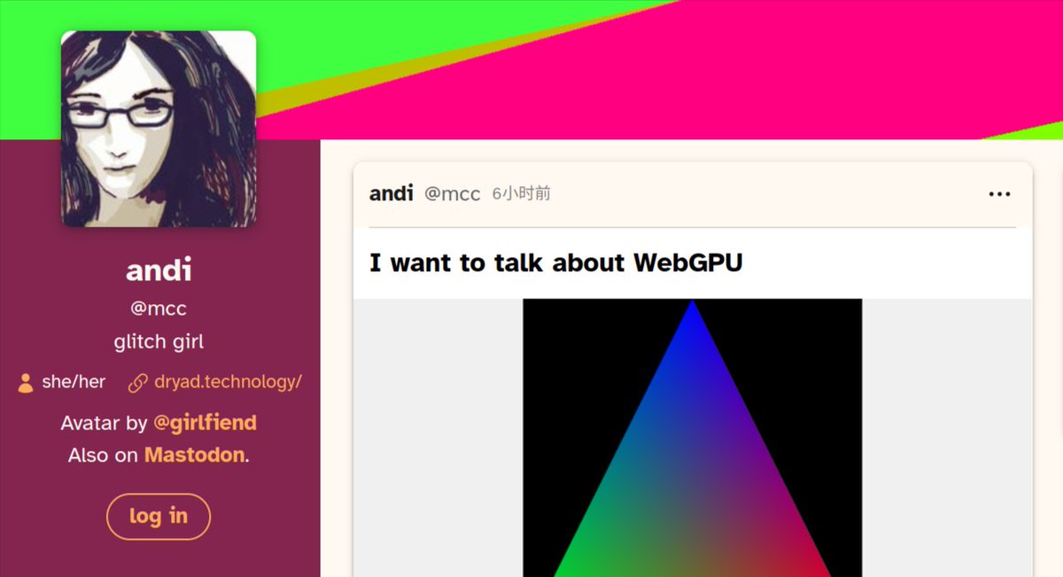《WebGPU 为什么重要》，推荐这篇长文。cohost.org/mcc/post/14061…

操作系统的图形 API，目前是不统一的：Windows 是 DirectX，苹果是 Metal，Linux 是 Vulkan。而新发布的 WebGPU 是跨平台的图形编程接口。