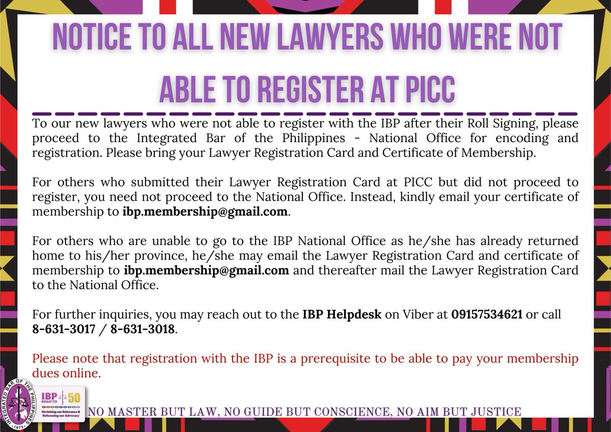 [UPDATED] Notice to all new lawyers who were not able to register at PICC