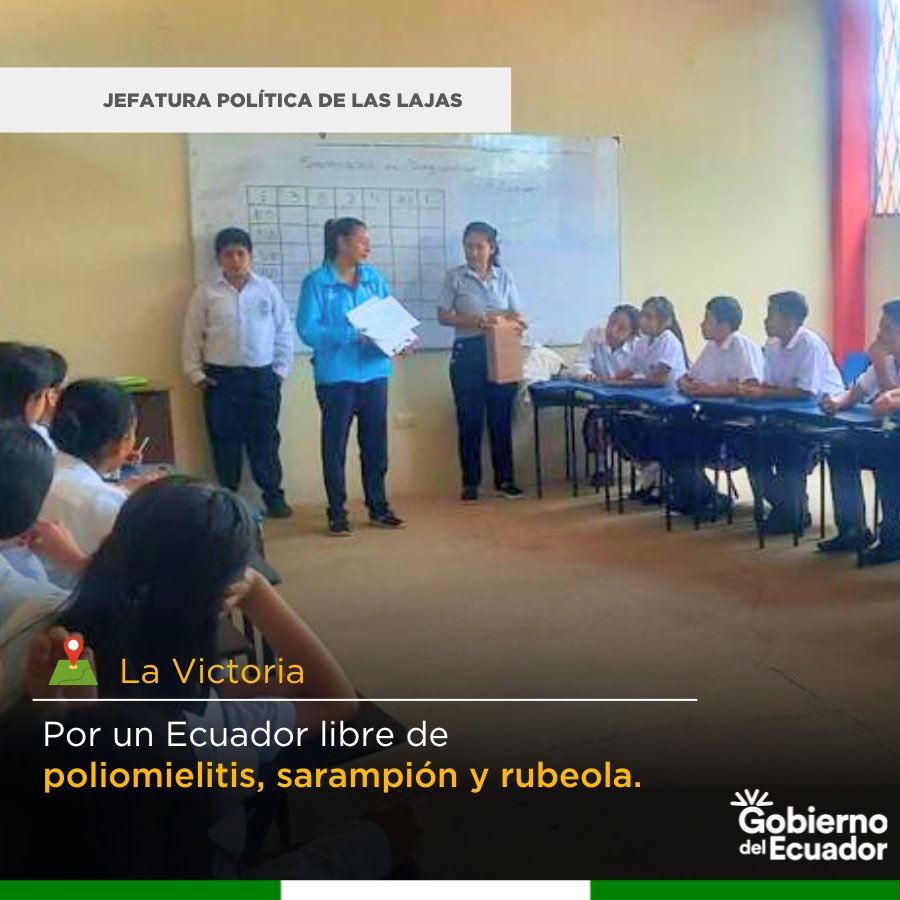 JPLasLajas1's tweet photo. En la Unidad Educativa Eugenio Espejo 🏫 en #LasLajas empezamos nuestra Campaña de #Vacunación2023 por un Ecuador 🇪🇨 Libre de poliomielitis, sarampión y rubeola. 

✅ Se vacunarán 💉 50 niños y 👧🏽 👦🏻.

@henrycucalon 
@lorenamorochog
@GoberElOro https://t.co/VMv2j7hbov